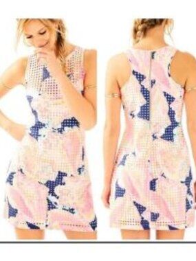 Lilly Pulitzer Perla Laser Cut Scuba Shift Dress Indigo Queen Conch Size Large